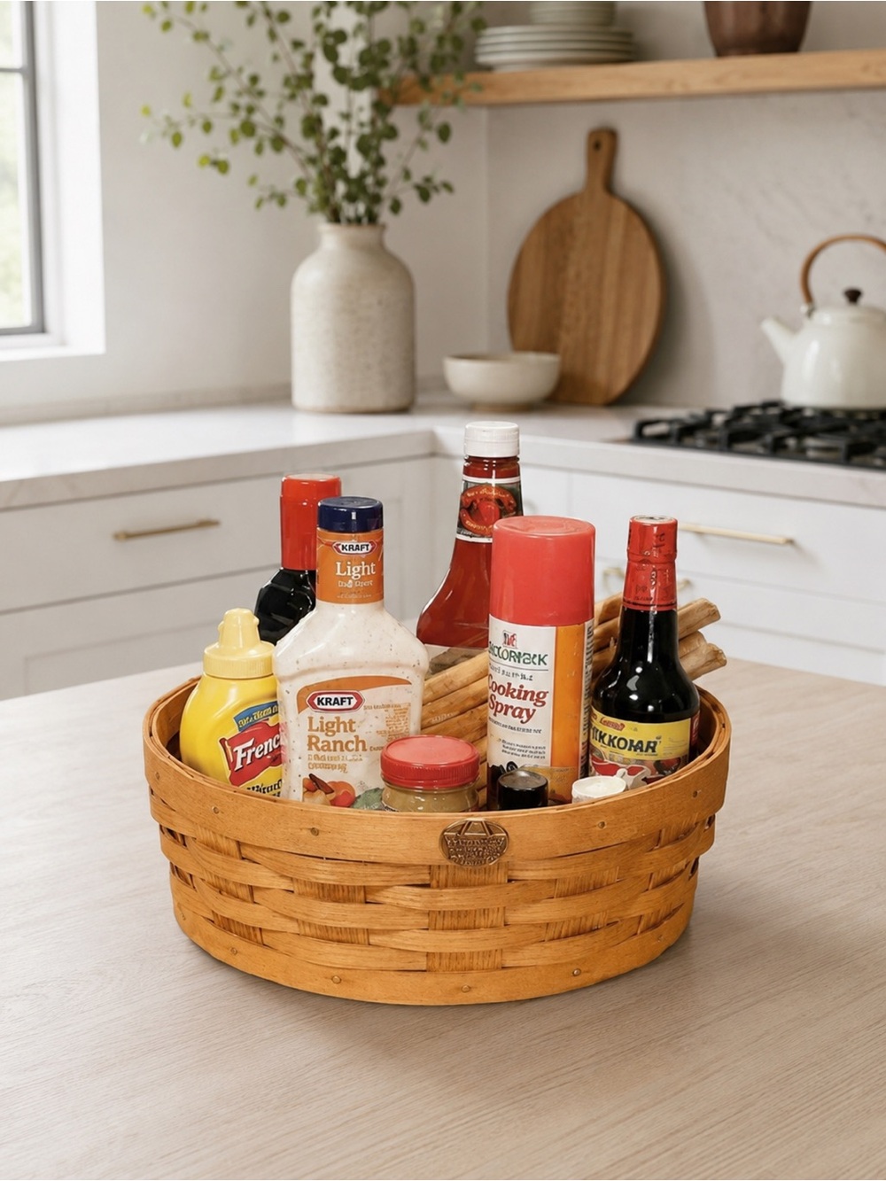 Peterboro Wooden Lazy Susan Basket Organizer Picnic BBQ Kitchen Caddy